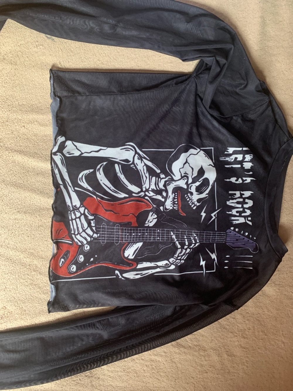 SHEIN Black Long Sleeve Skeleton Guitar Graphic Tee with Red Accent